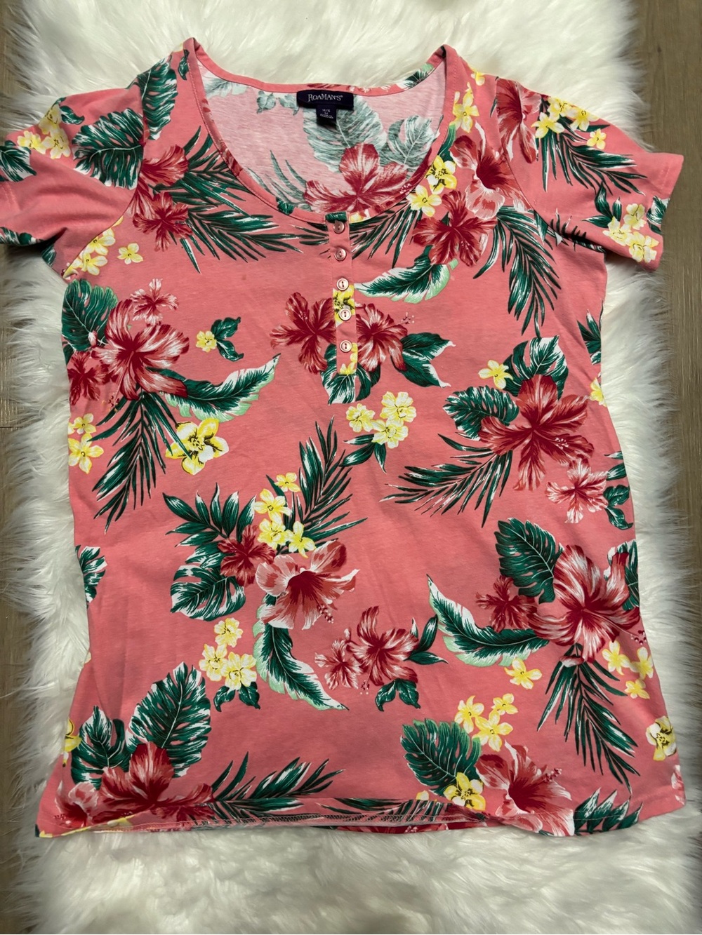 Roaman’s Coral Tropical Henley Short Sleeve Tee - Picture 2 of 6